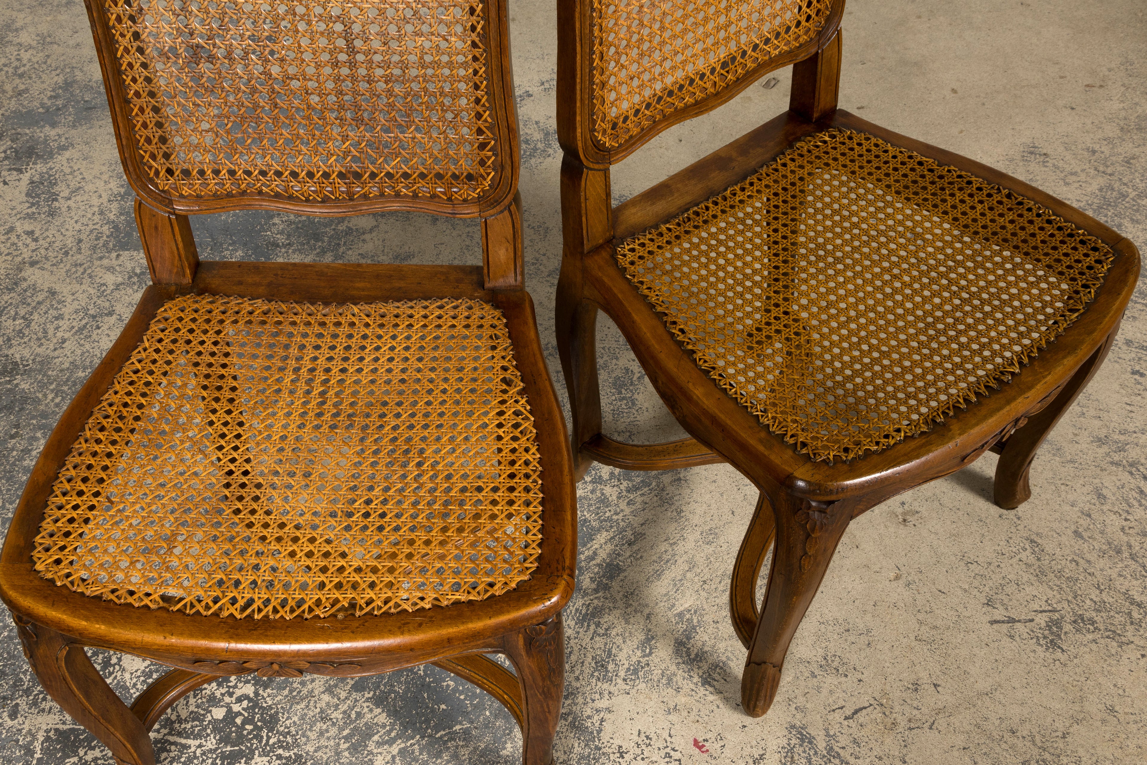 Antique French Louis XV Style Provincial Walnut Cane Dining Chairs, Set of 12