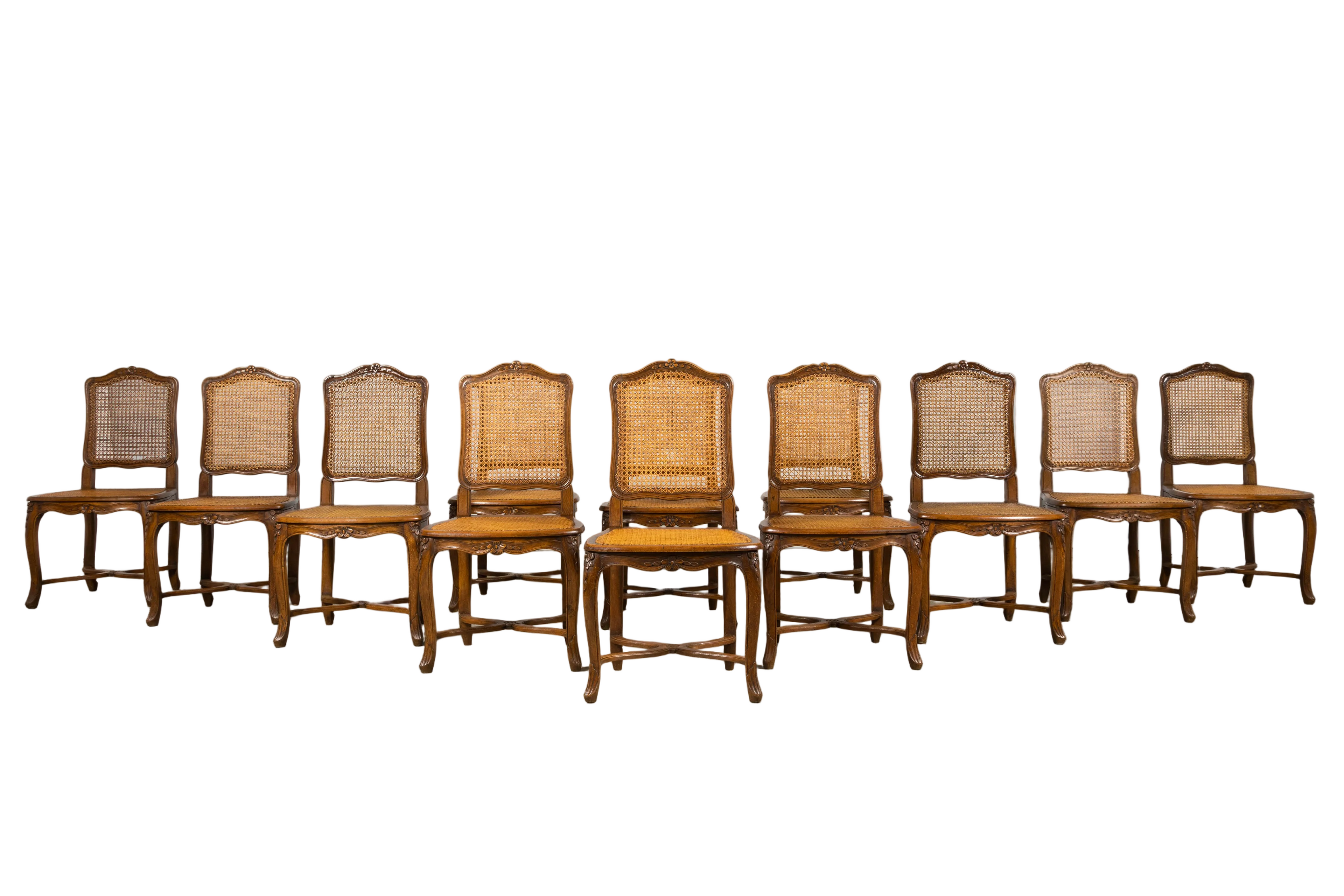 Antique French Louis XV Style Provincial Walnut Cane Dining Chairs, Set of 12