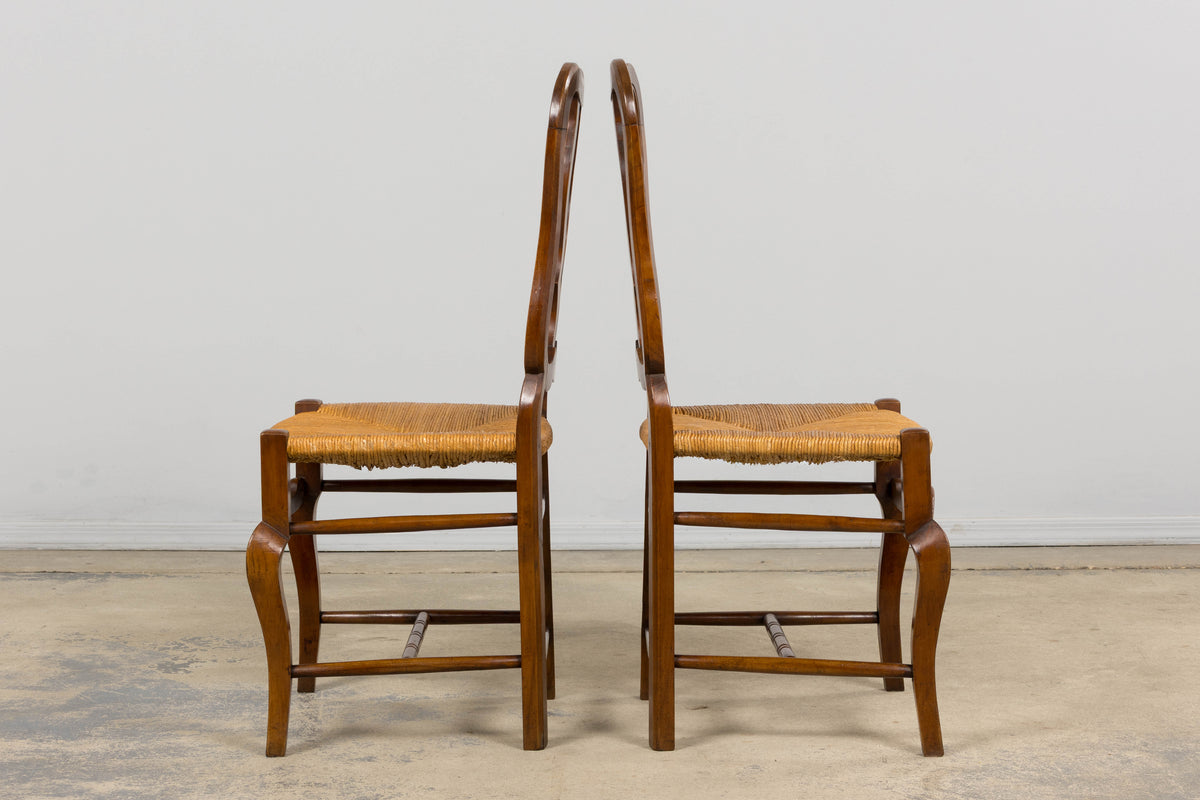 Antique French Provincial Walnut Dining Chairs with Rush Seats - Set of 8