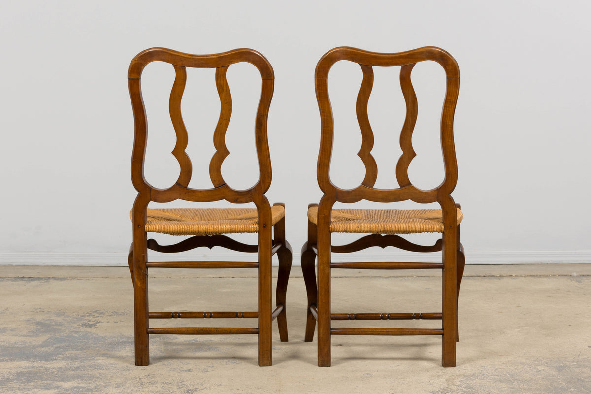 Antique French Provincial Walnut Dining Chairs with Rush Seats - Set of 8