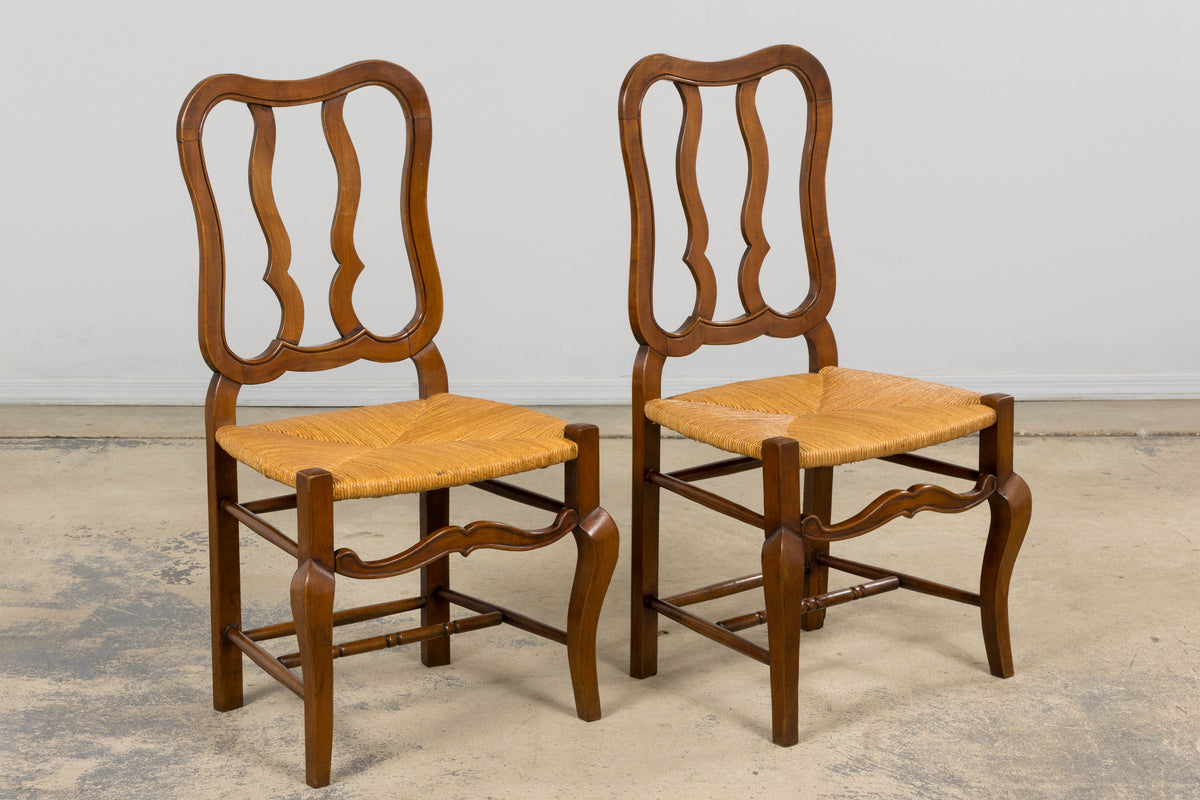 Antique French Provincial Walnut Dining Chairs with Rush Seats - Set of 8