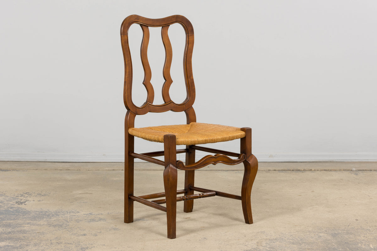 Antique French Provincial Walnut Dining Chairs with Rush Seats - Set of 8