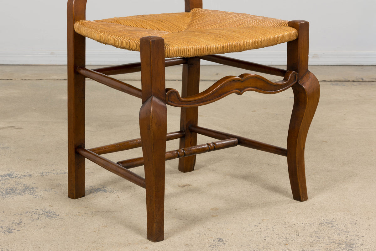 Antique French Provincial Walnut Dining Chairs with Rush Seats - Set of 8