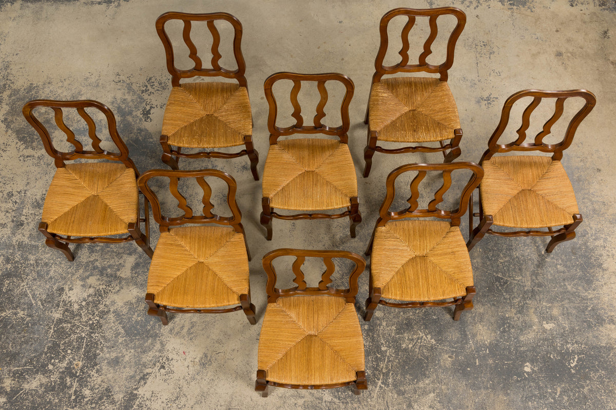 Antique French Provincial Walnut Dining Chairs with Rush Seats - Set of 8