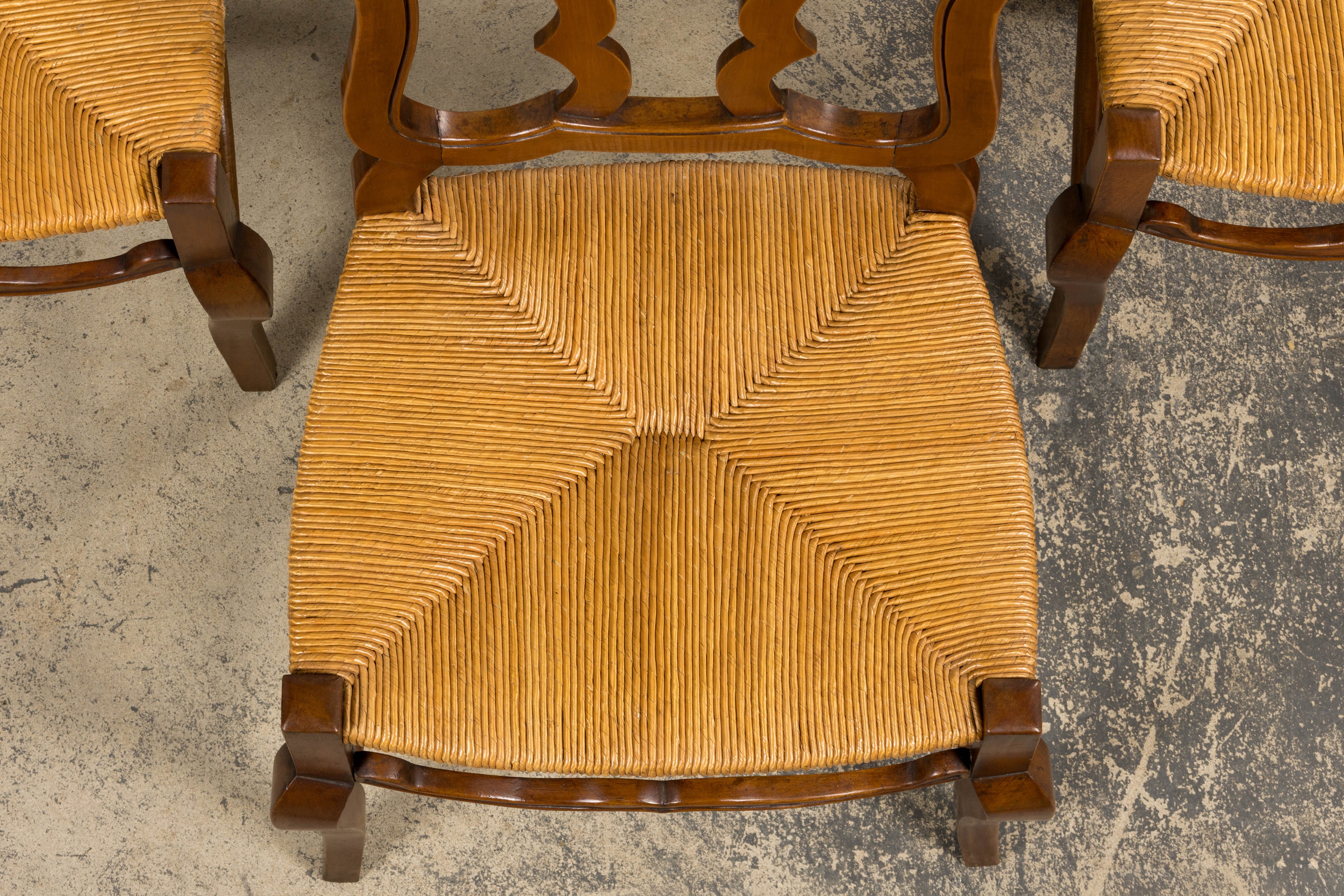 Antique French Provincial Walnut Dining Chairs with Rush Seats - Set of 8