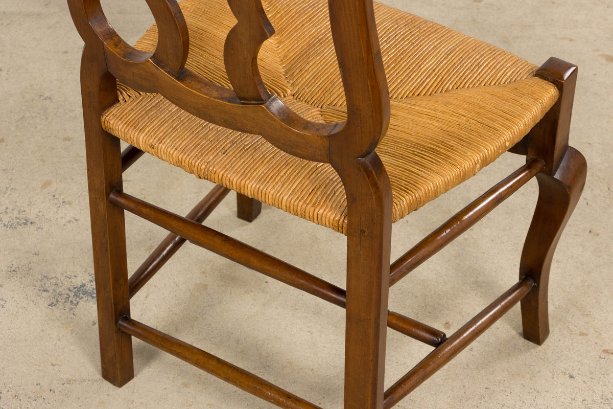 Antique French Provincial Walnut Dining Chairs with Rush Seats - Set of 8