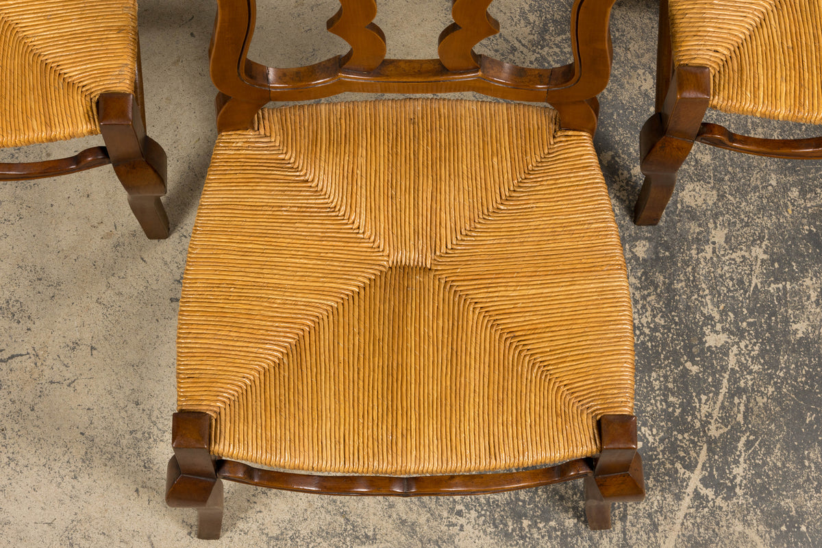 Antique French Provincial Walnut Dining Chairs with Rush Seats - Set of 8