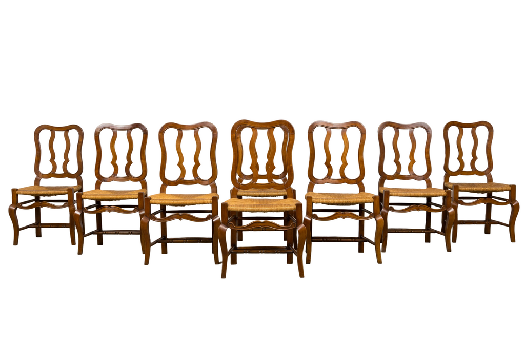 Antique French Provincial Walnut Dining Chairs with Rush Seats - Set of 8
