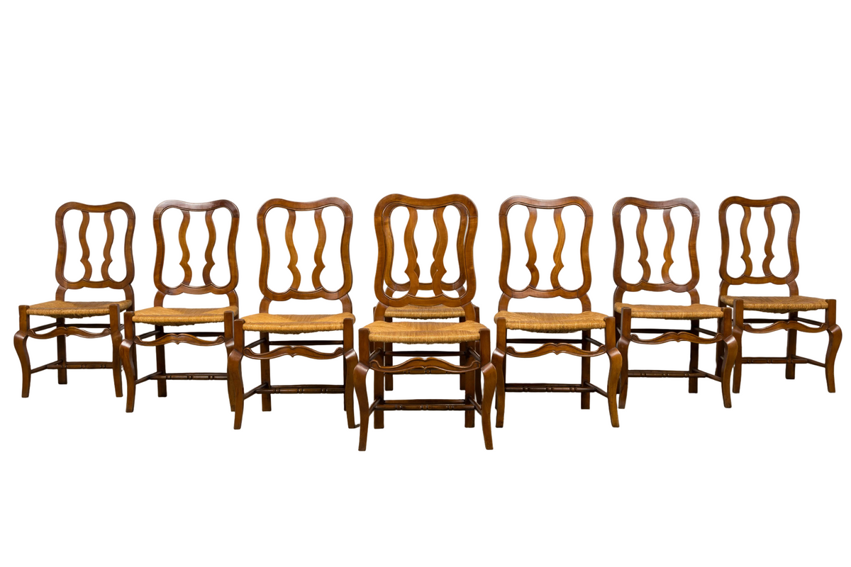 Antique French Provincial Walnut Dining Chairs with Rush Seats - Set of 8