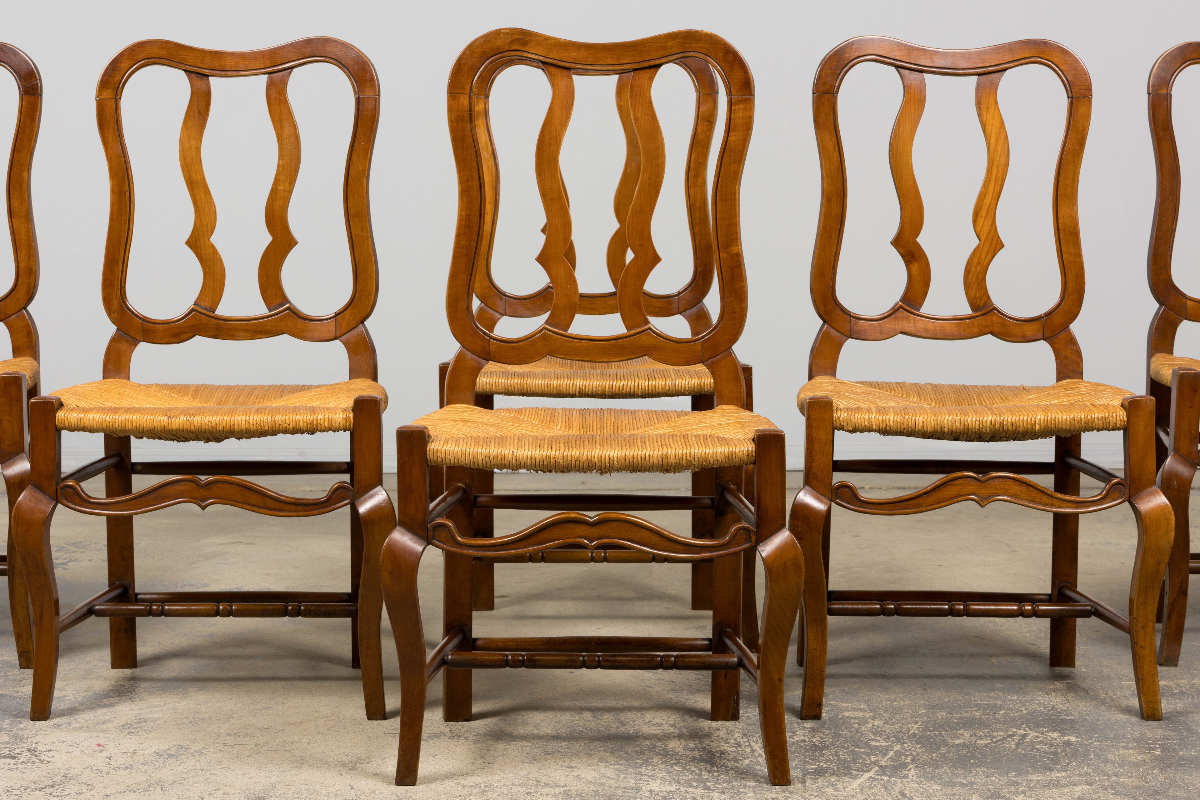 Antique French Provincial Walnut Dining Chairs with Rush Seats - Set of 8