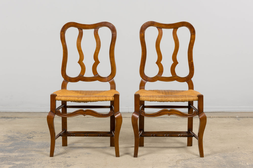 Antique French Provincial Walnut Dining Chairs with Rush Seats - Set of 8