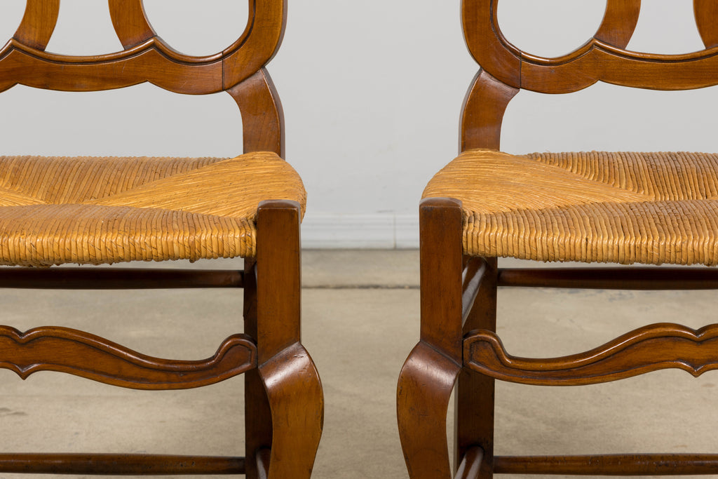 Antique French Provincial Walnut Dining Chairs with Rush Seats - Set of 8