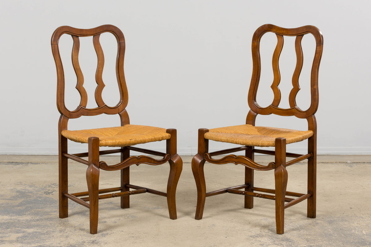 Antique French Provincial Walnut Dining Chairs with Rush Seats - Set of 8