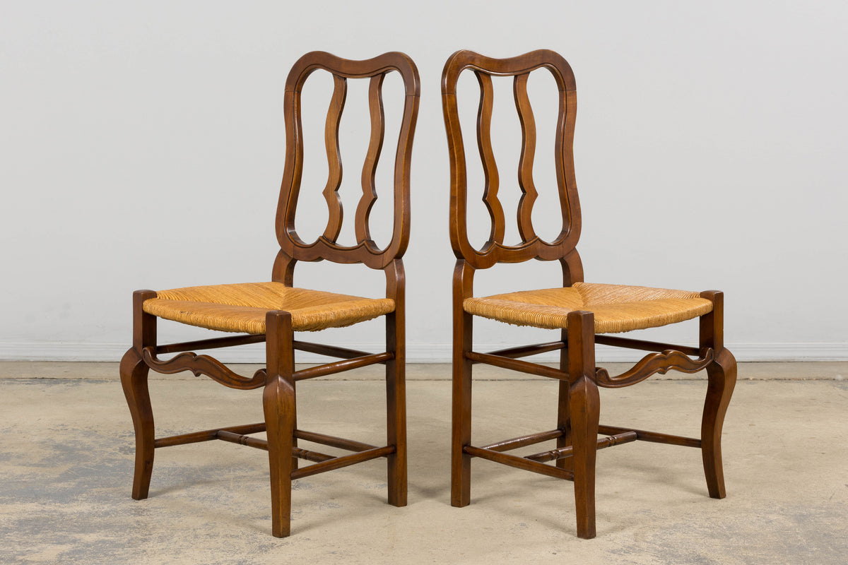 Antique French Provincial Walnut Dining Chairs with Rush Seats - Set of 8