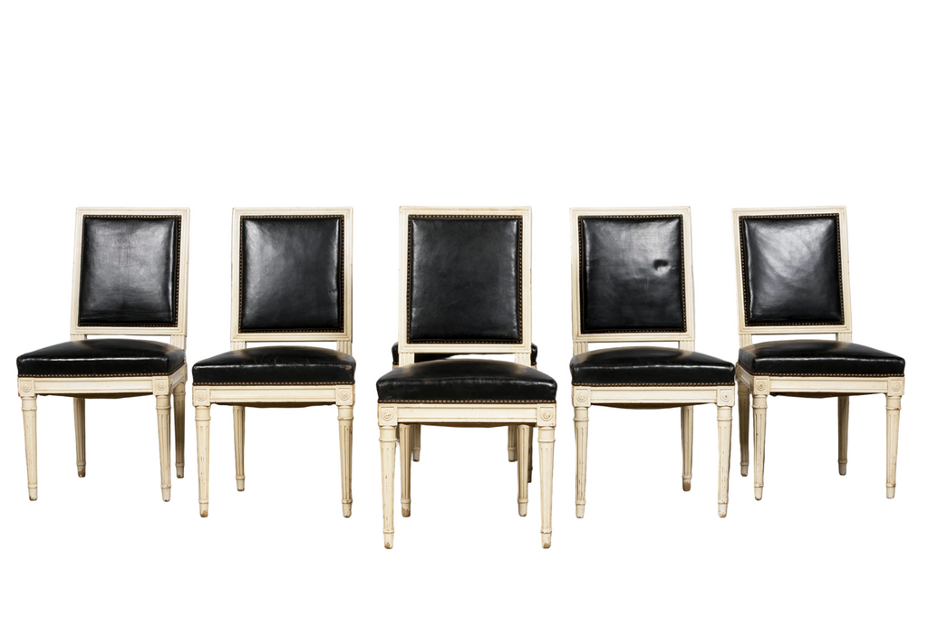 Antique Set of 6 French Louis XVI Style Painted Dining Chairs in Dark Blue-Black Leather