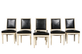 Antique Set of 6 French Louis XVI Style Painted Dining Chairs in Dark Blue-Black Leather