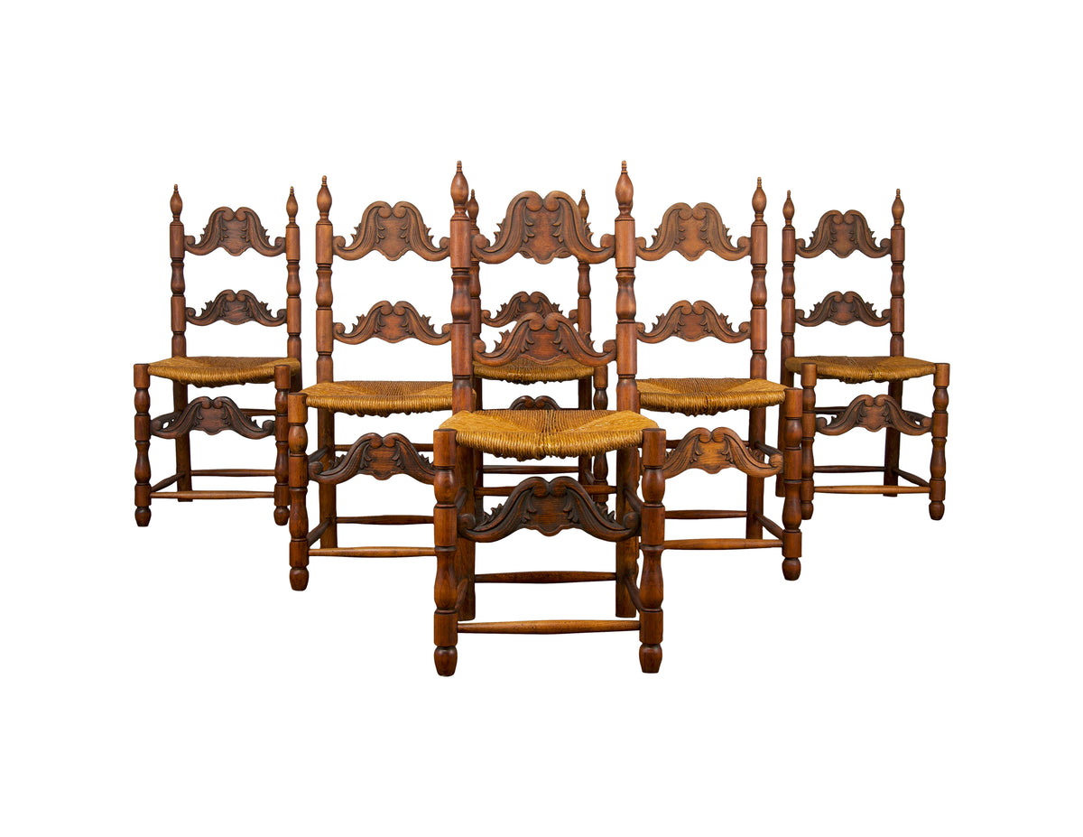 Antique Spanish Country Style Carved Ladder Back Maple Rush Dining Chairs - Set of 6