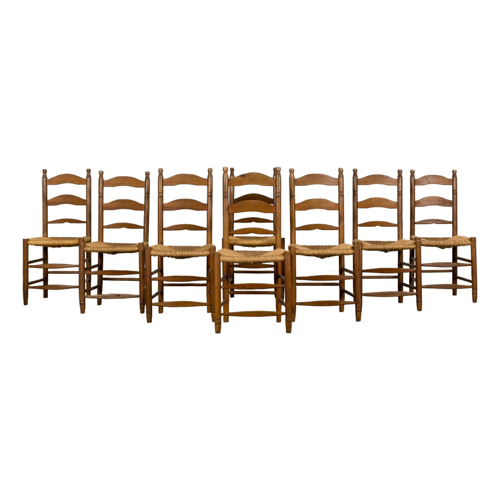 Antique Country French Ladder Back Maple Farmhouse Dining Chairs W/ Rush Seats - Set of 8