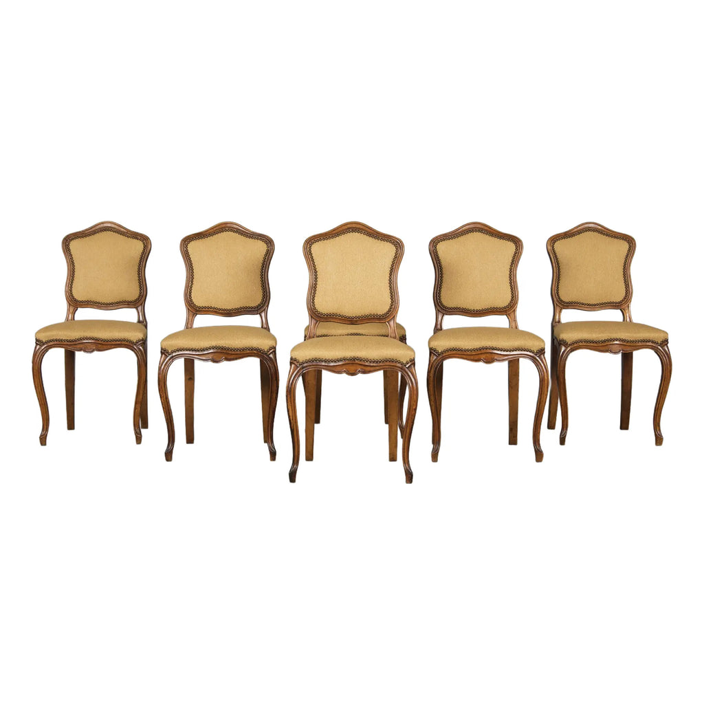 Antique Country French Louis XV Style Walnut Dining Chairs In Beige Fabric - Set of 6
