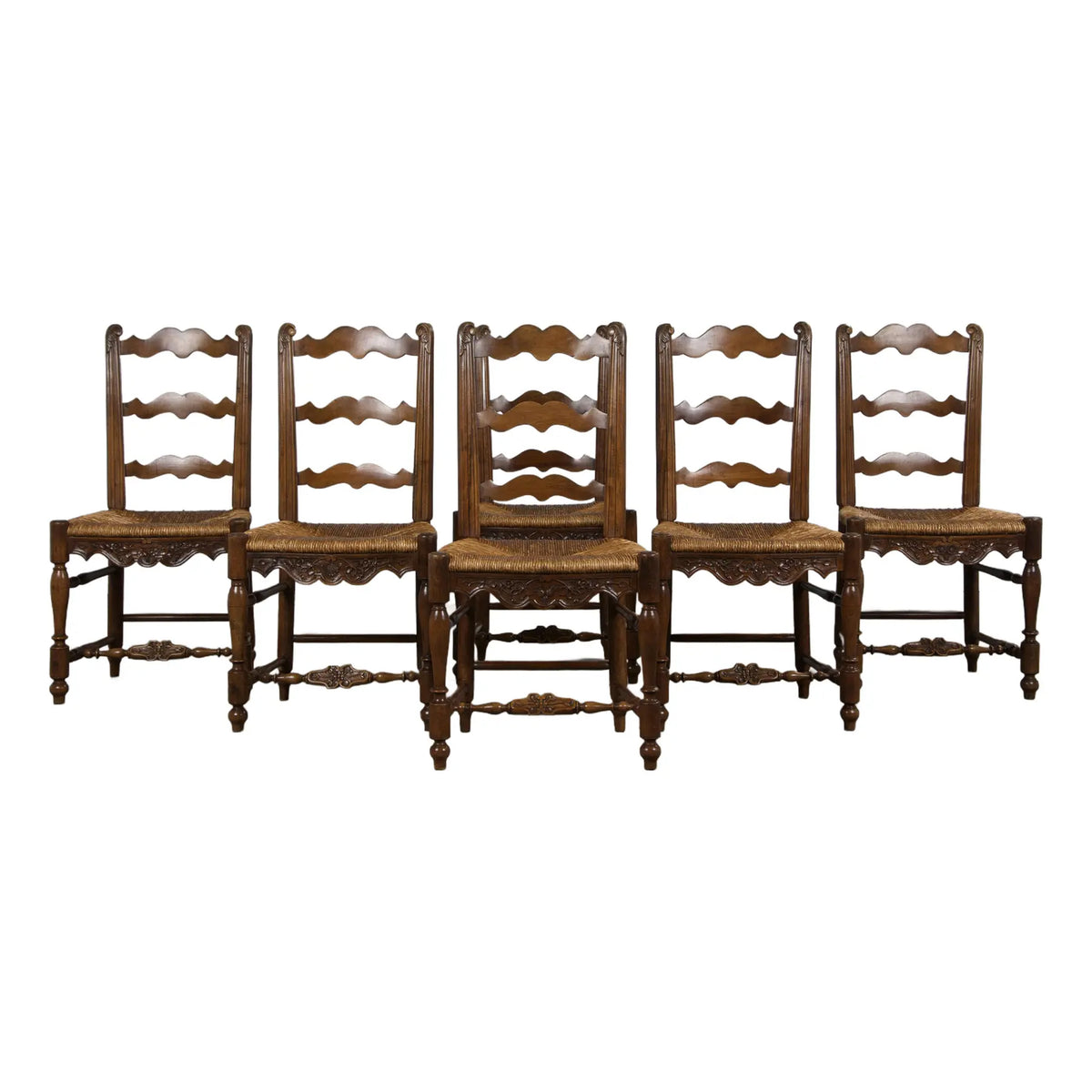 Antique Country French Provincial Ladder Back Walnut Dining Chairs W/ Rush Seats - Set of 6