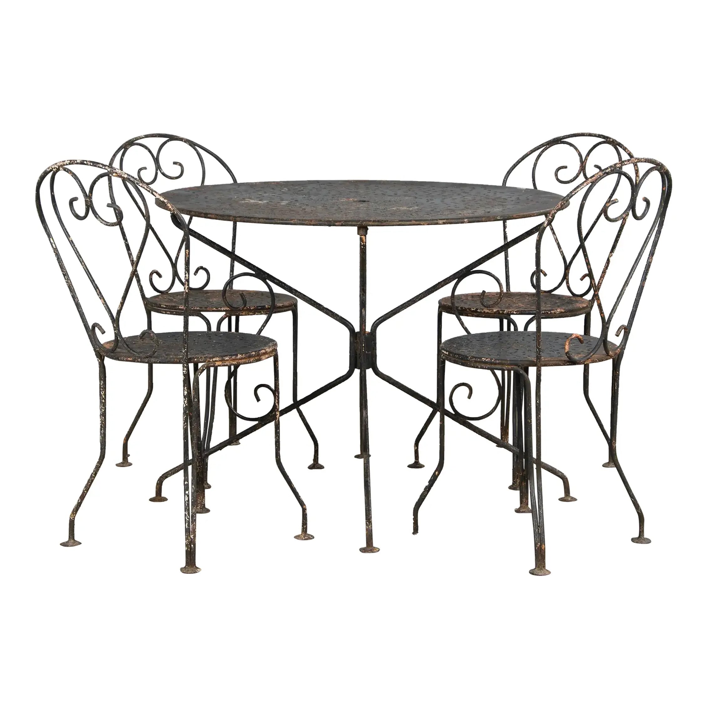 Antique French Art Nouveau Black Wrought Iron Painted Garden Set