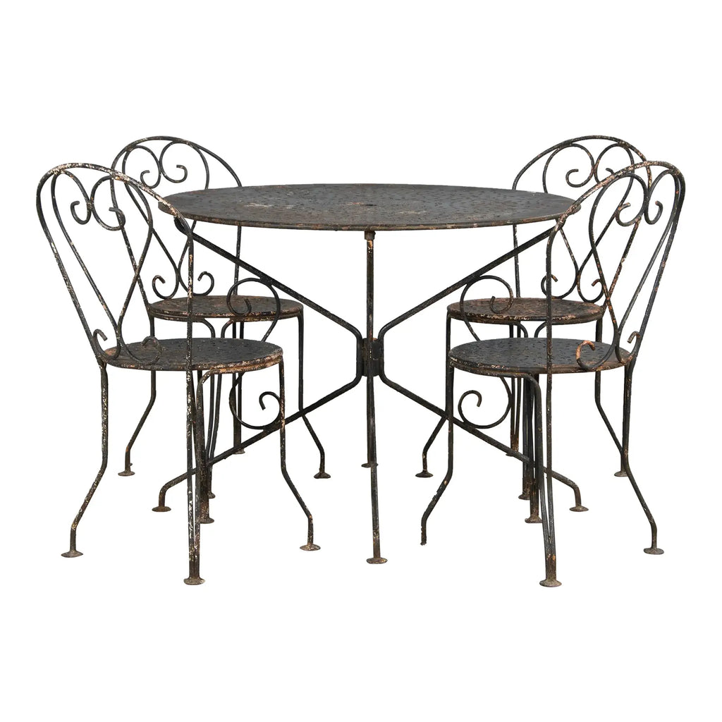 Antique French Art Nouveau Black Wrought Iron Painted Garden Set