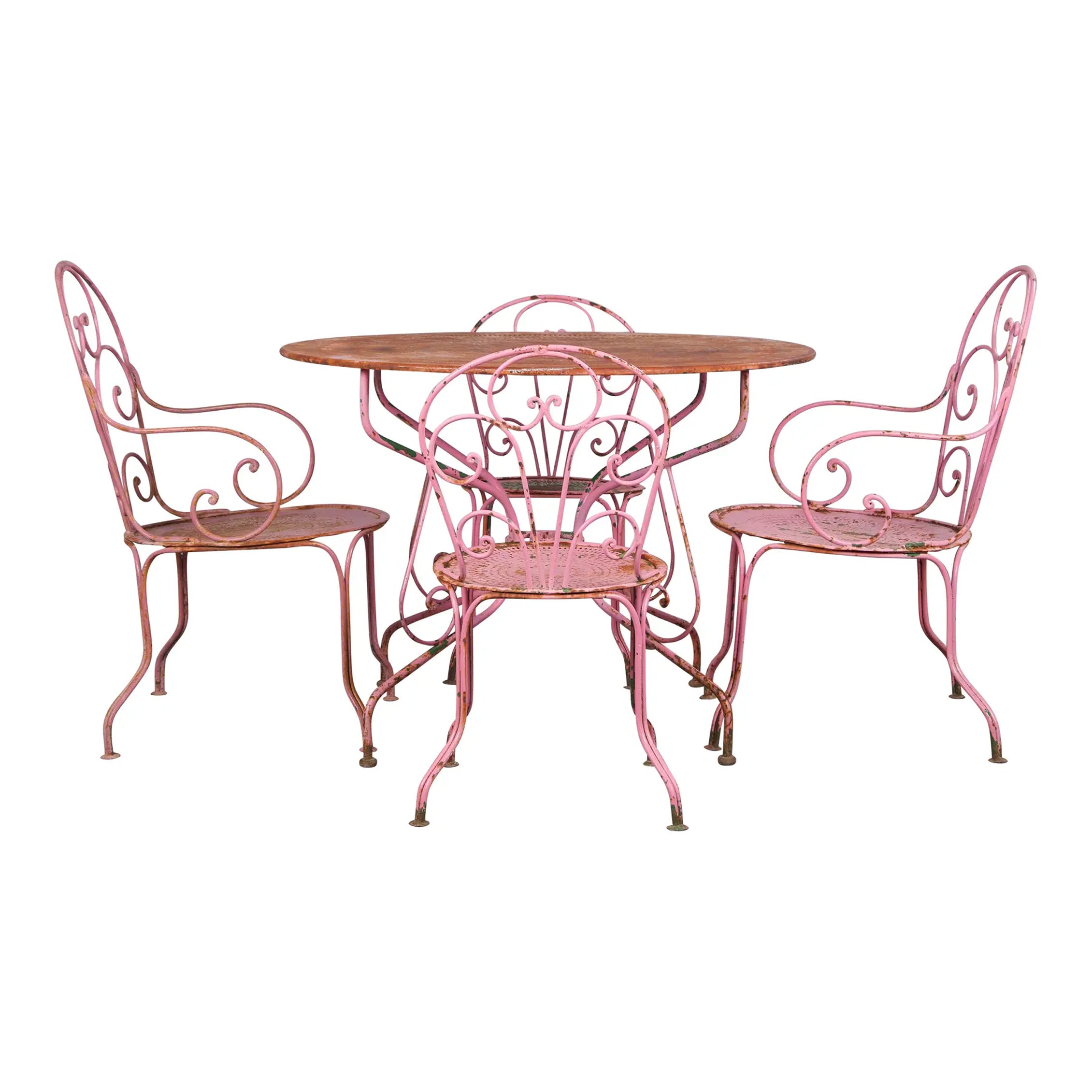 Antique French Art Nouveau Pink Wrought Iron Painted Garden Set