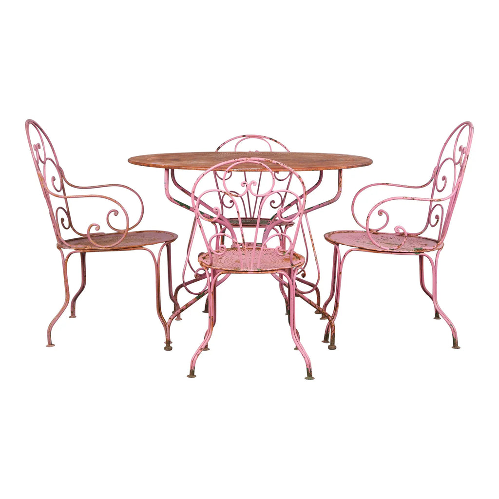 Antique French Art Nouveau Pink Wrought Iron Painted Garden Set