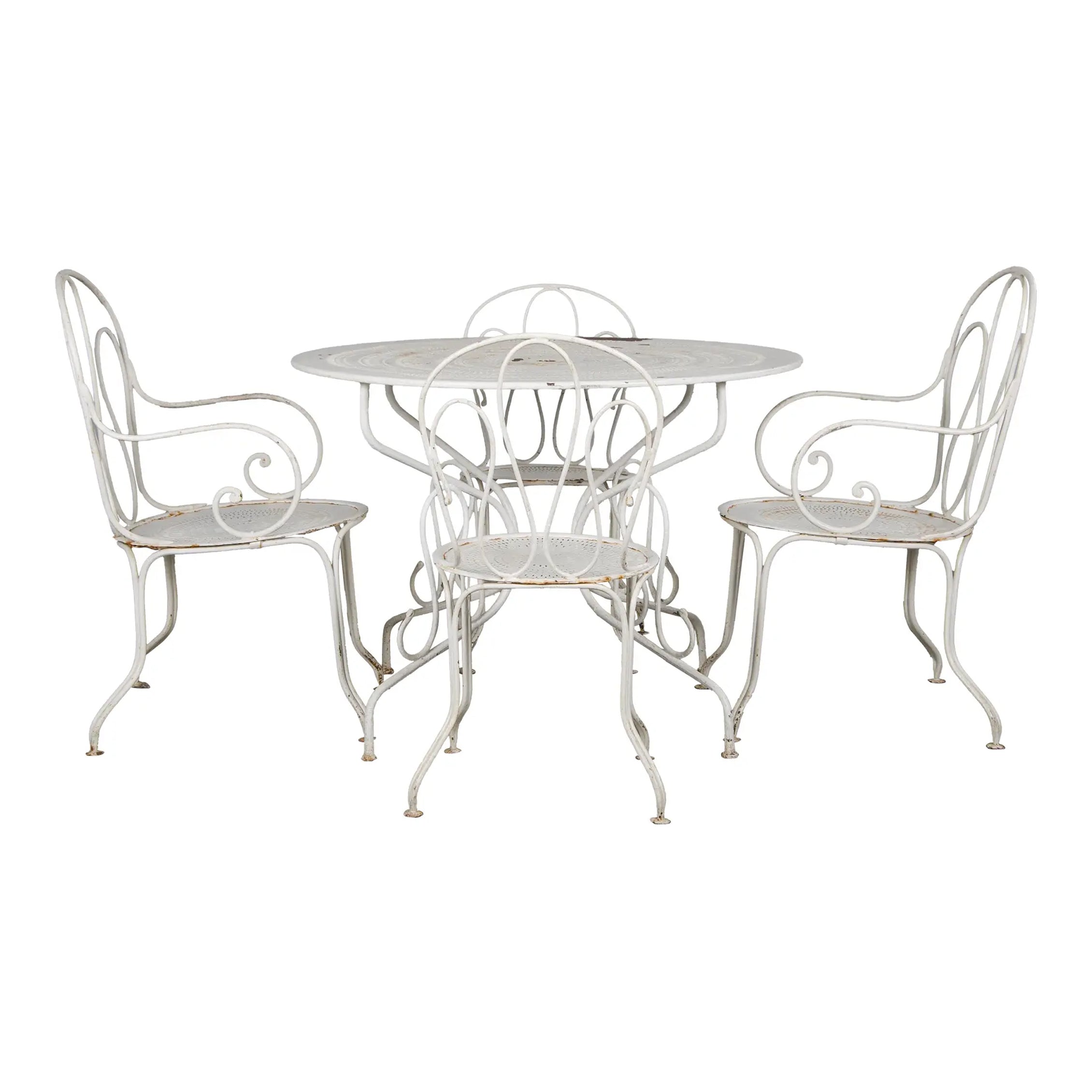 Antique French Art Nouveau White Wrought Iron Painted Garden Set