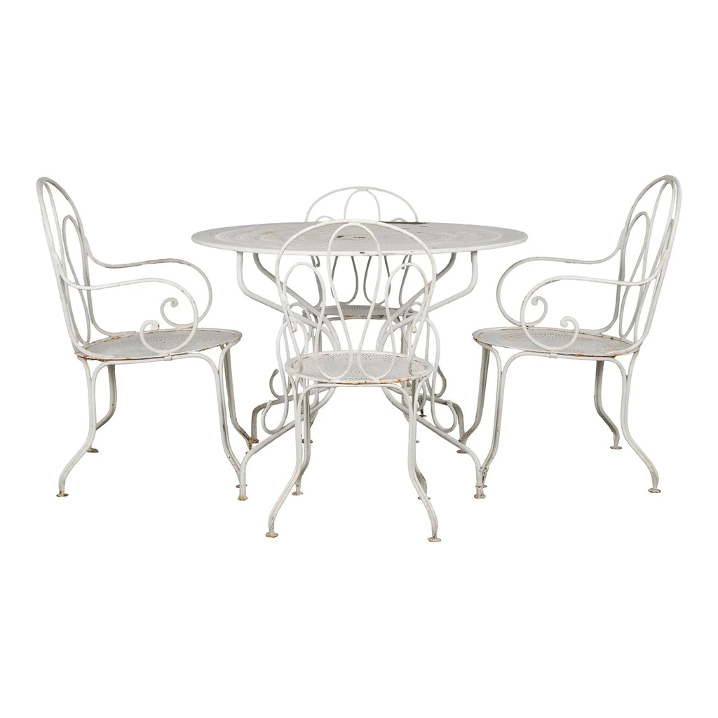 Antique French Art Nouveau White Wrought Iron Painted Garden Set