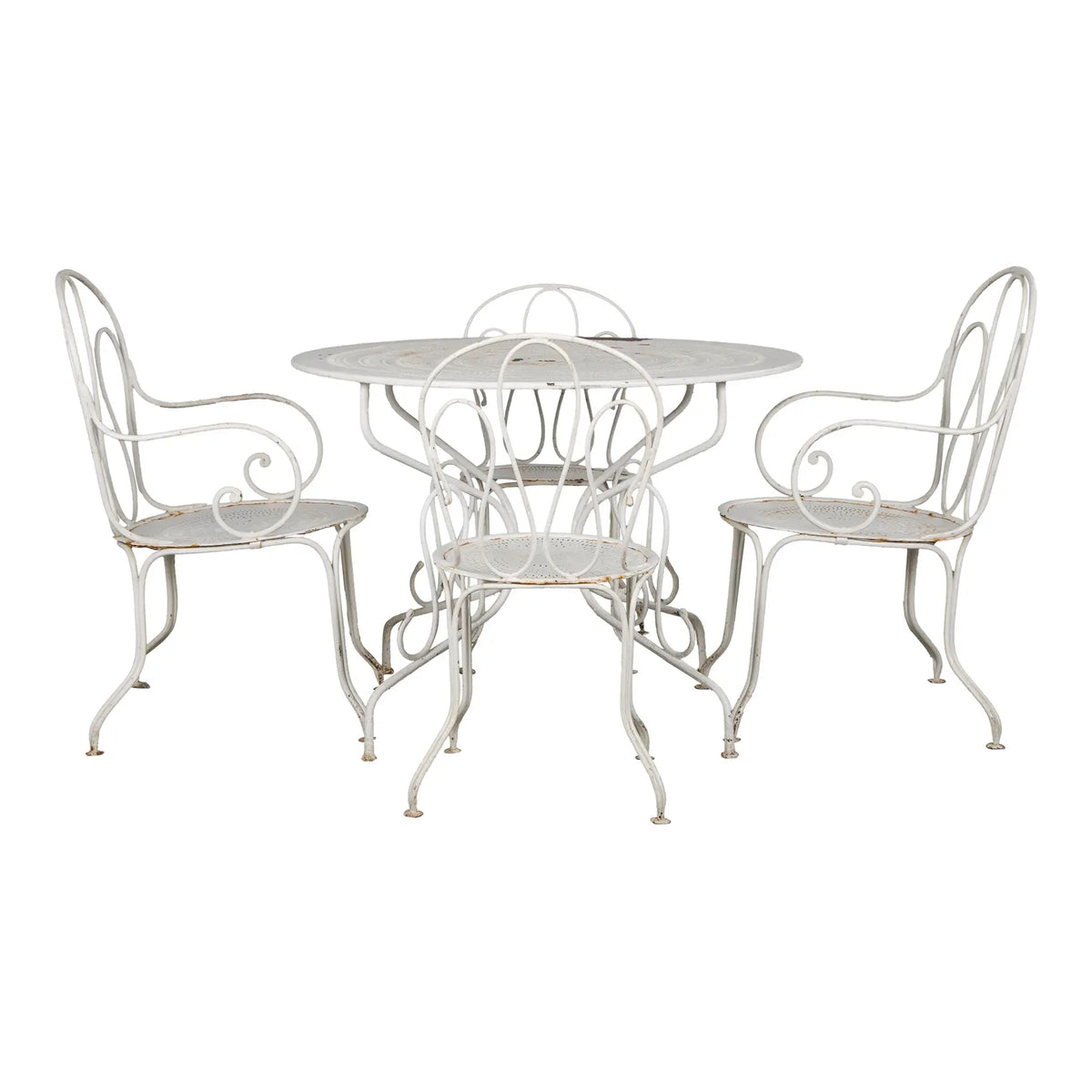 Antique French Art Nouveau White Wrought Iron Painted Garden Set