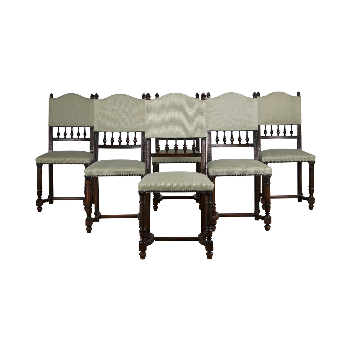Antique French Henry II Style Walnut Dining Chairs W/ Sage Green Woven Fabric - Set of 6