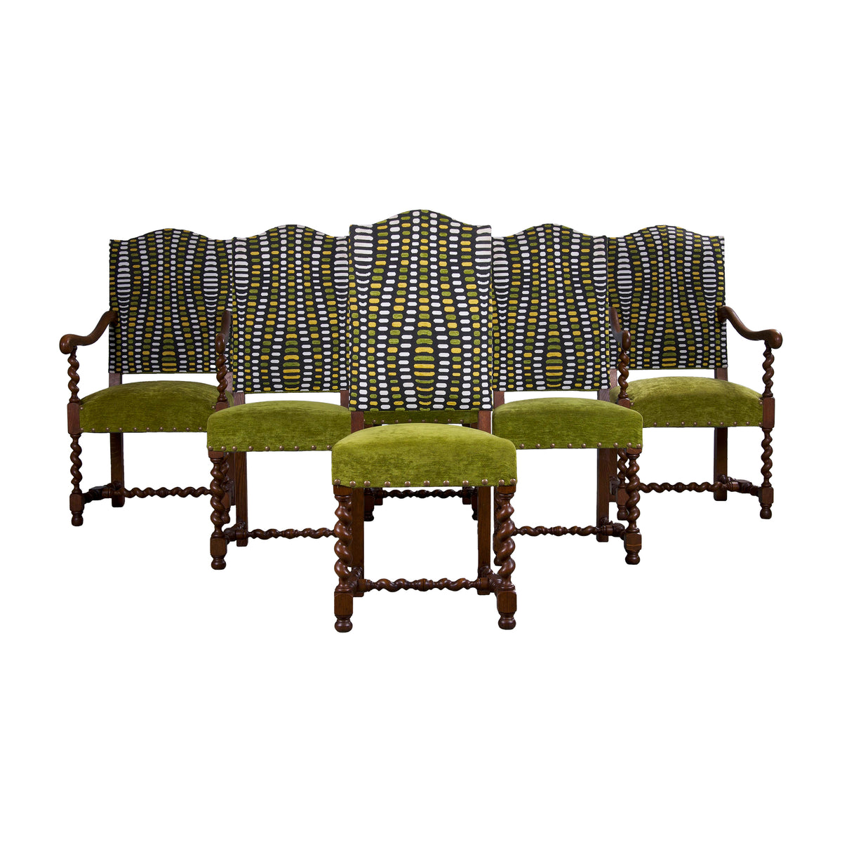Antique French Louis XIII Style Oak Barley Twist Dining Chairs W/ Green Fabric - Set of 6