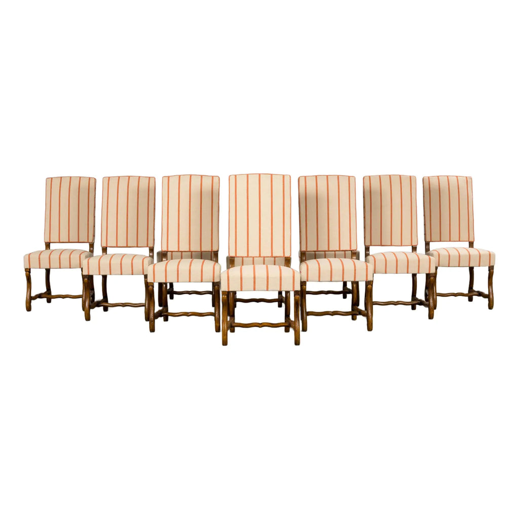 Antique French Louis XIII Style Os De Mouton Oak Dining Chairs in Coral Stripe - Set of 10