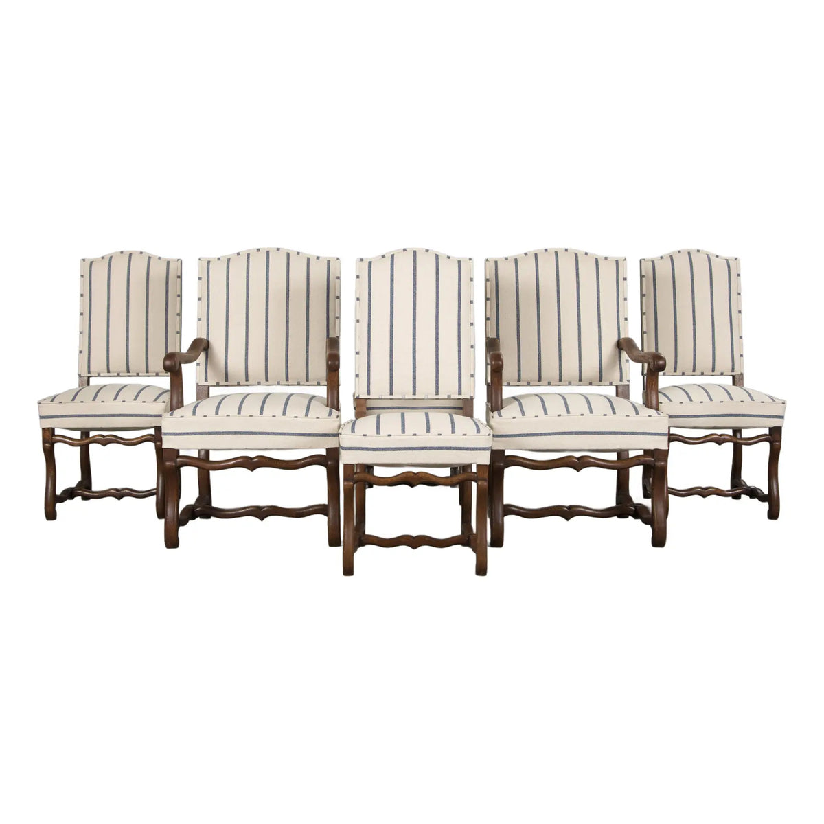 Antique French Louis XIII Style Os De Mouton Oak Dining Chairs in Striped Fabric - Set of 6