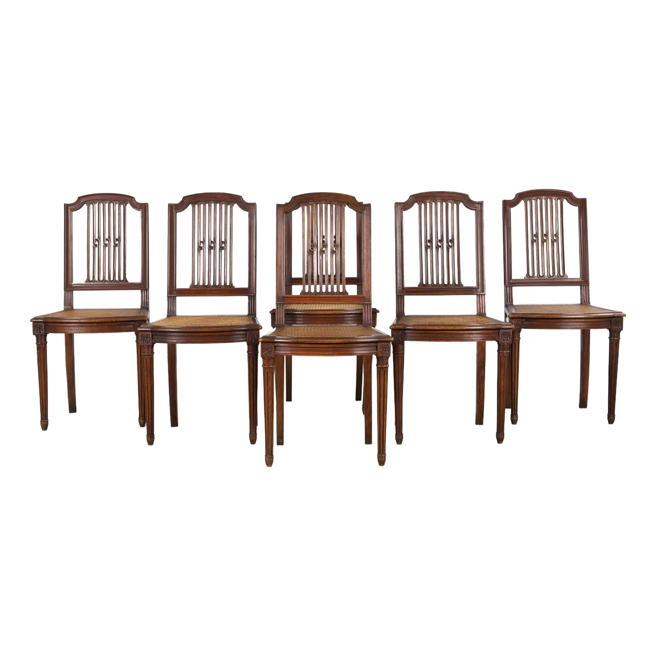 Antique French Louis XVI Style Maple Dining Chairs W/ Cane Seats - Set of 6