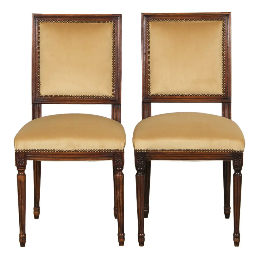 Antique French Louis XVI Style Maple Square Back Side Chairs in Golden Yellow Velvet - A Pair
