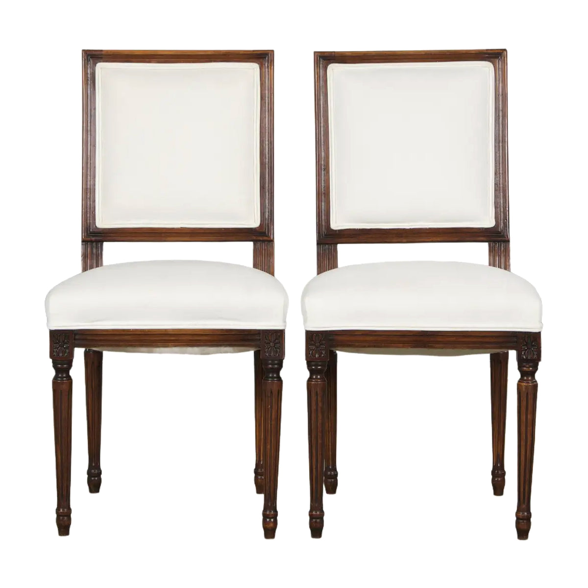 Antique French Louis XVI Style Maple Square Back Side Chairs in Off-White Velvet - A Pair