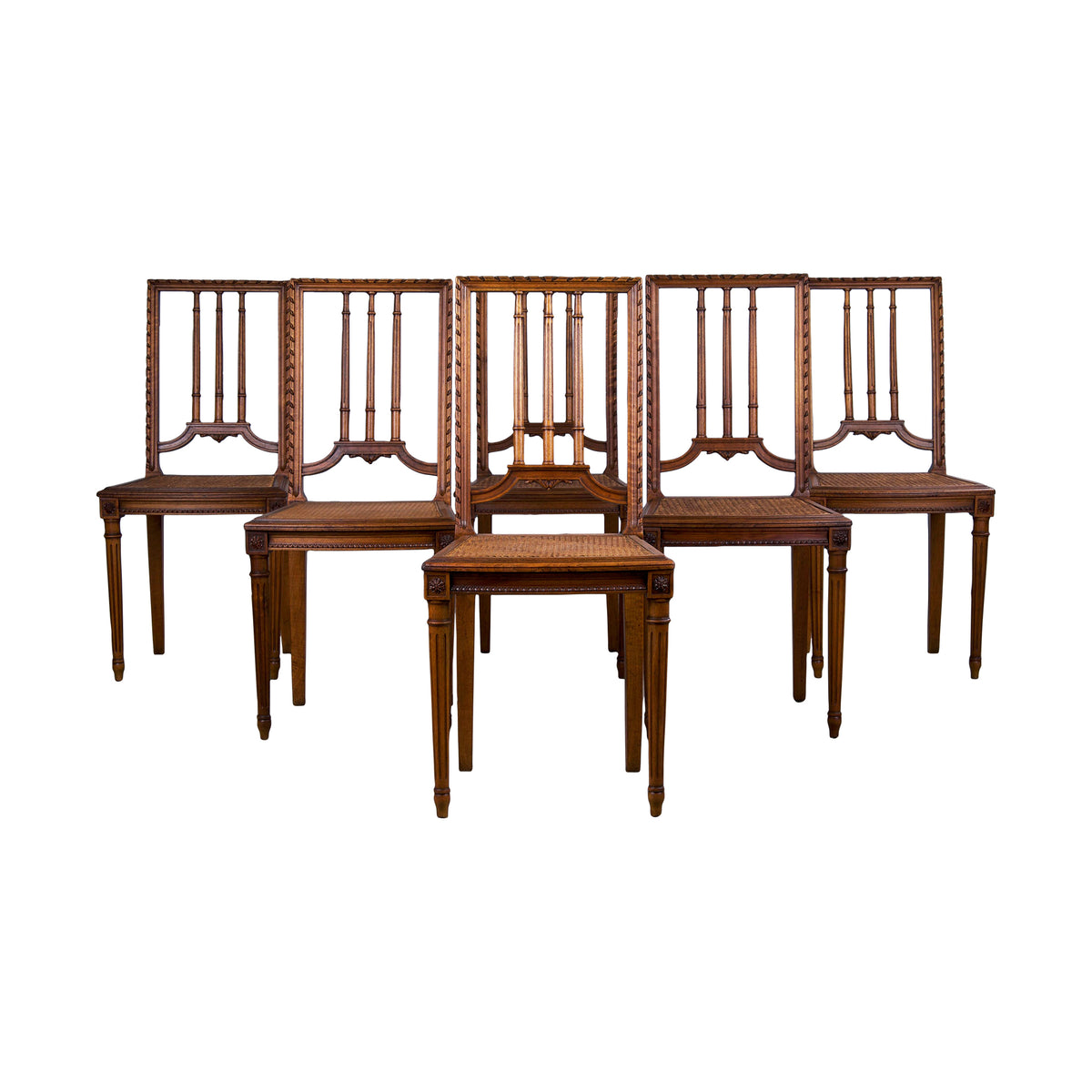 Antique French Louis XVI Style Oak Dining Chairs W/ Cane Seats - Set of 6