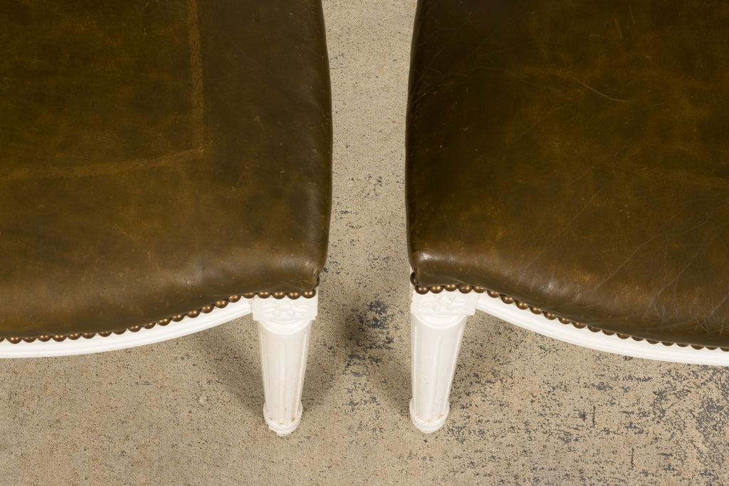 Antique French Louis XVI Style Painted Chairs with Olive Green Leather - A Pair