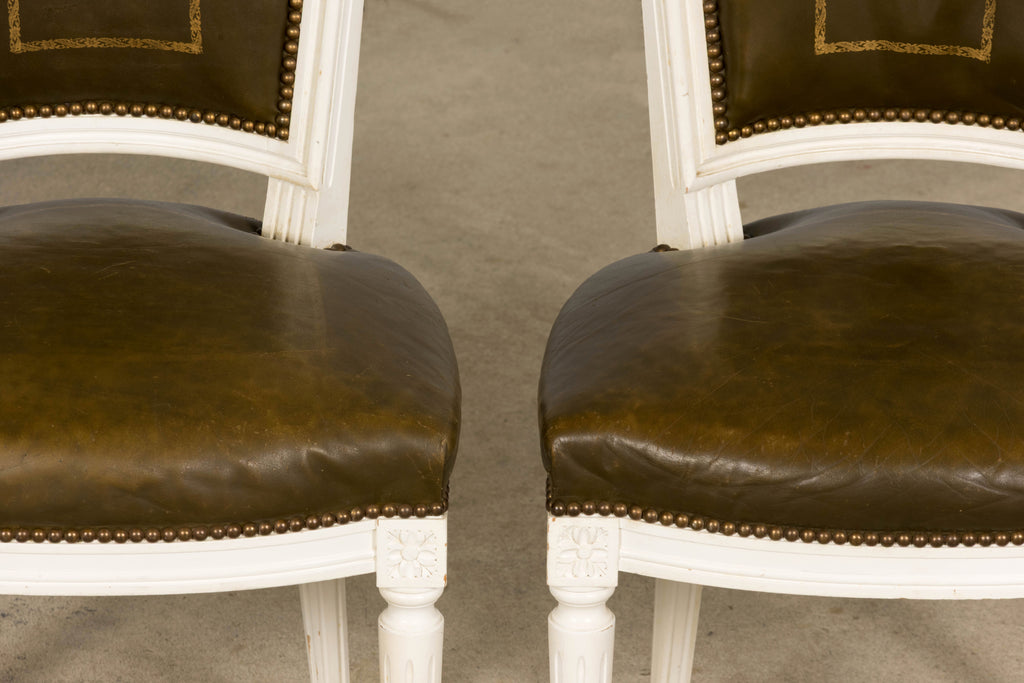 Antique French Louis XVI Style Painted Chairs with Olive Green Leather - A Pair