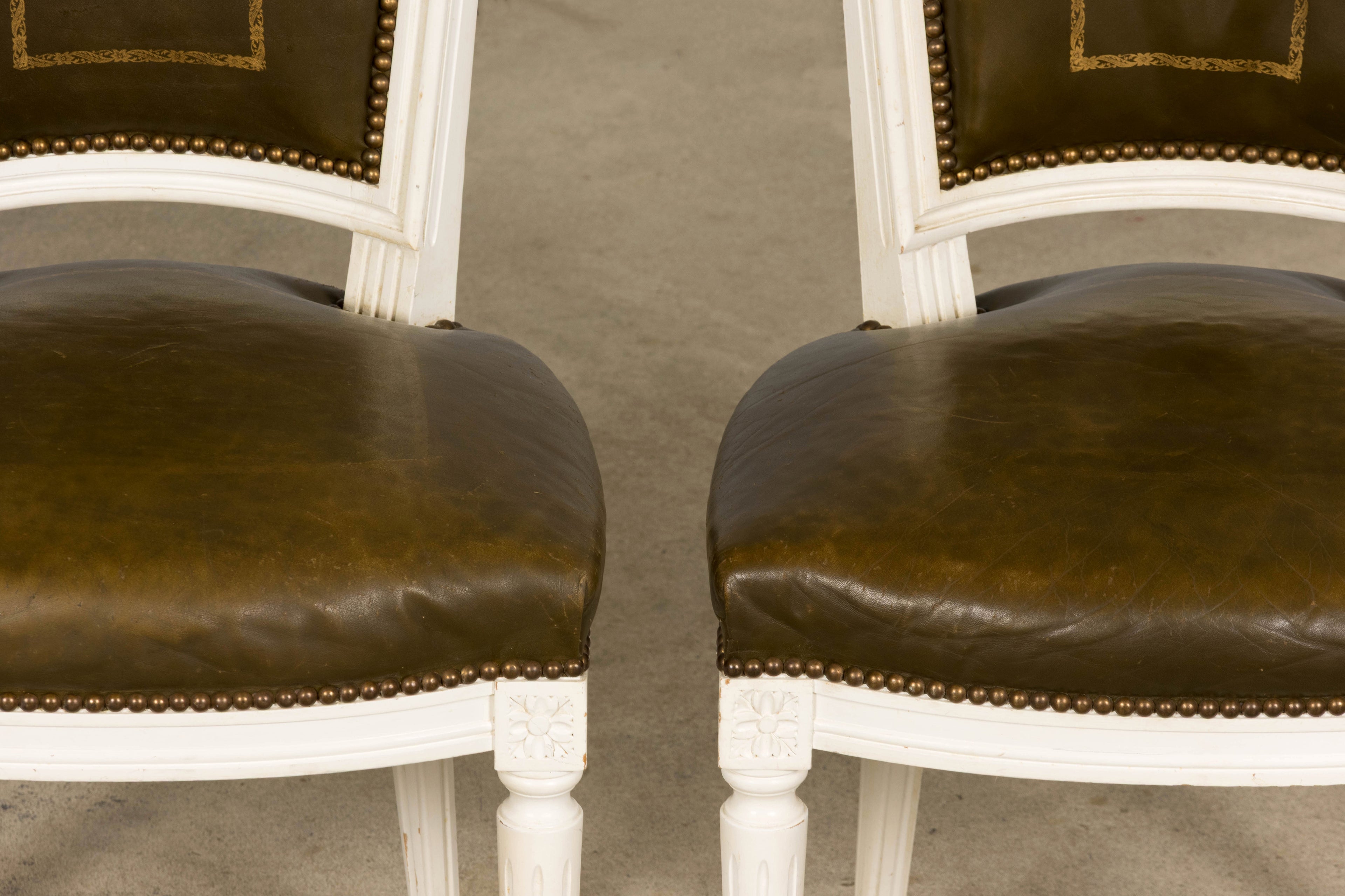 Antique French Louis XVI Style Painted Chairs with Olive Green Leather - A Pair