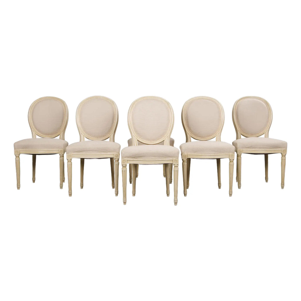 Antique French Louis XVI Style Painted Dining Chairs W/ Cream Fabric - Set of 6