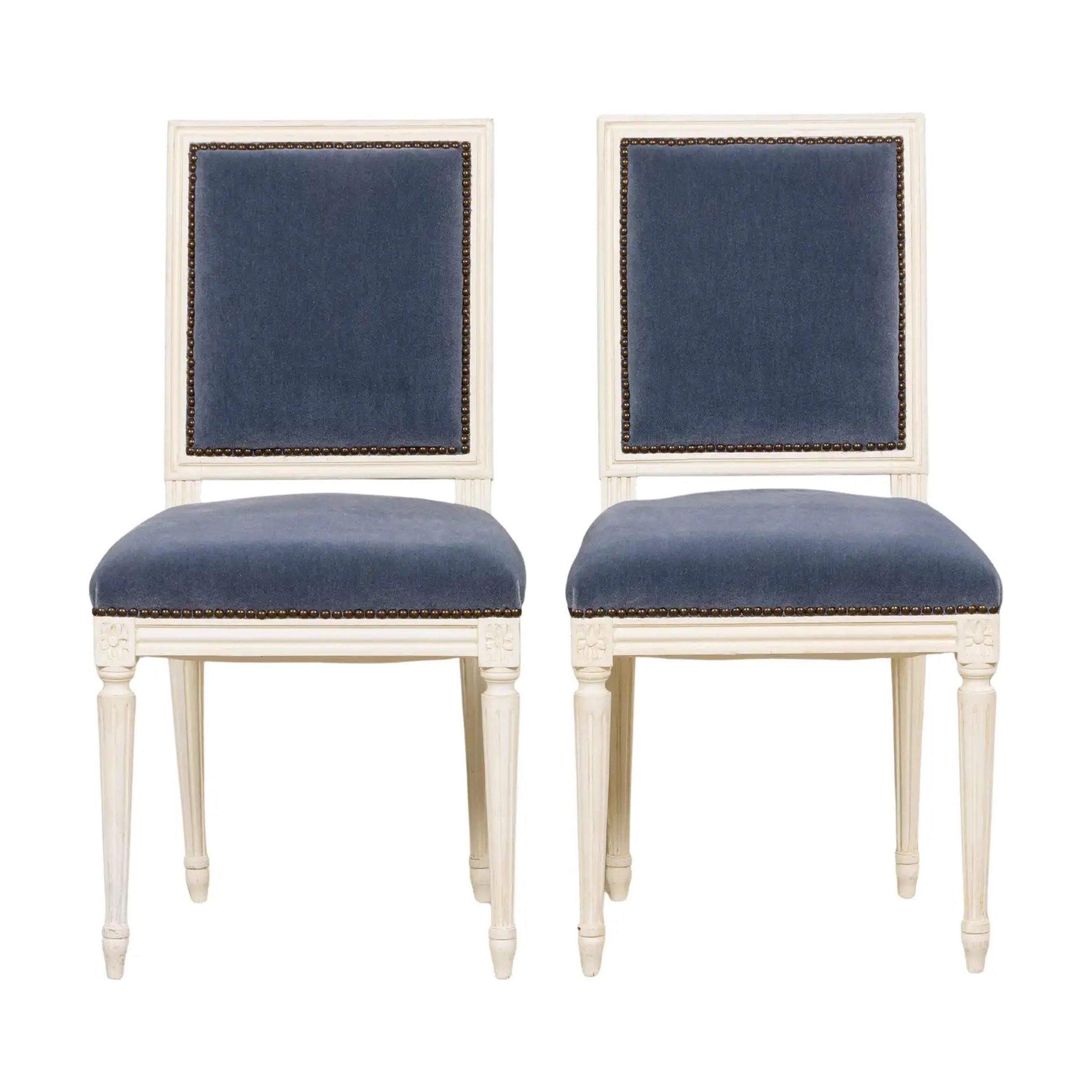 Antique French Louis XVI Style Painted Side Chairs W/ Blue Mohair – A Pair