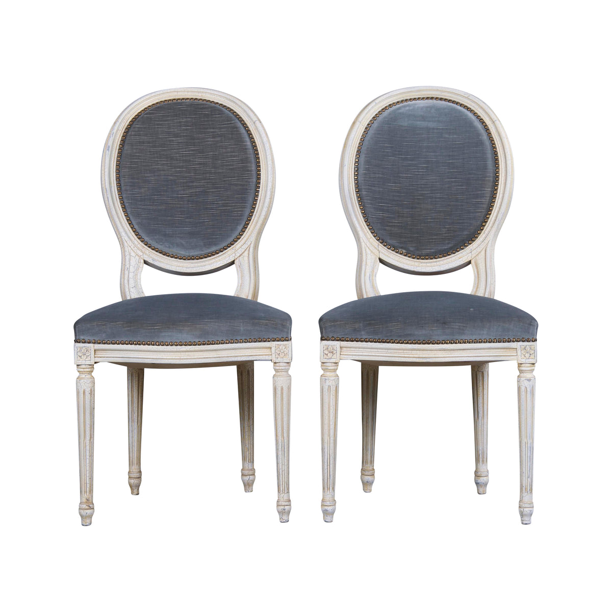 Antique French Louis XVI Style Painted Side Chairs W/ Blue Velvet - A Pair