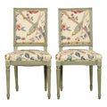 Antique French Louis XVI Style Painted Square Back Side Chairs in Chinoiserie Fabric - A Pair