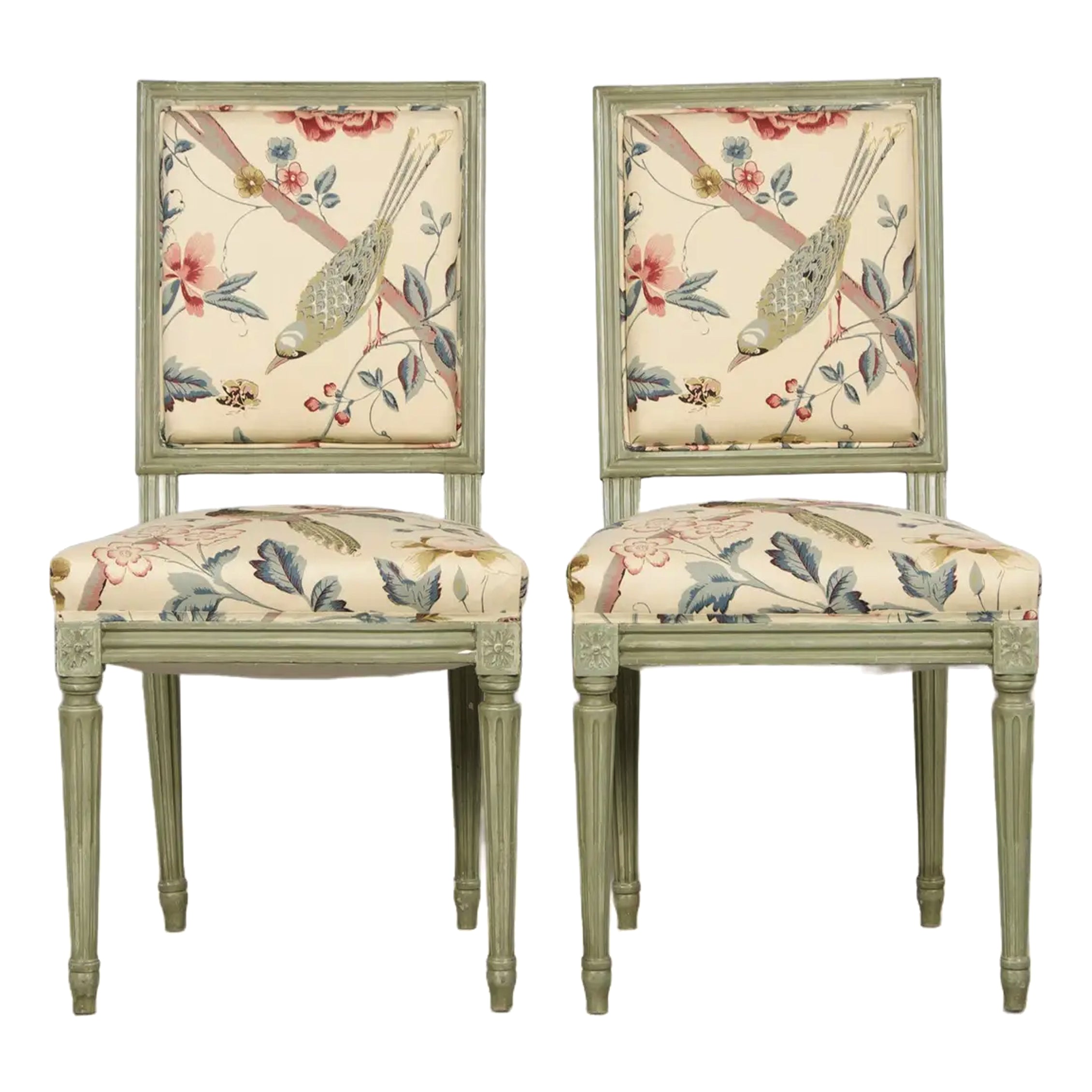 Antique French Louis XVI Style Painted Square Back Side Chairs in Chinoiserie Fabric - A Pair
