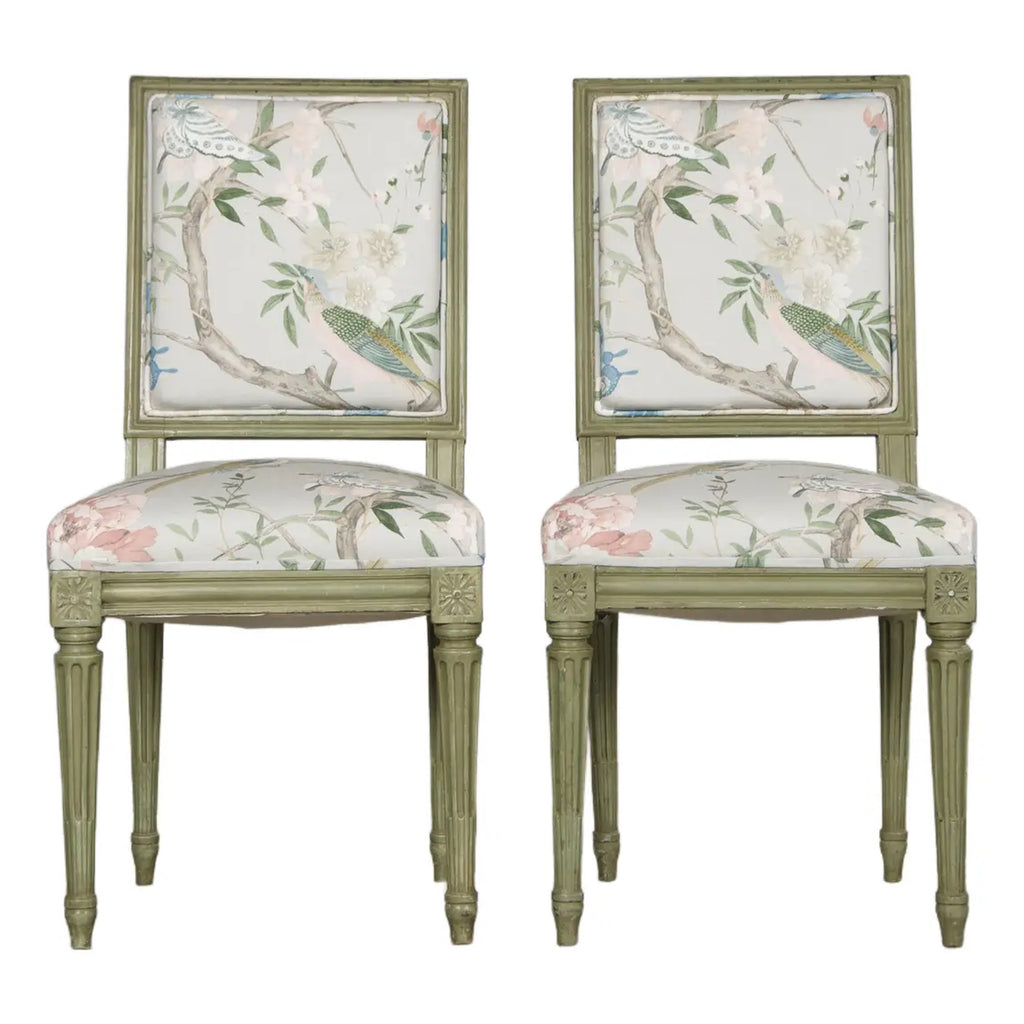 Antique French Louis XVI Style Painted Square Back Side Chairs in Chinoiserie Fabric - A Pair