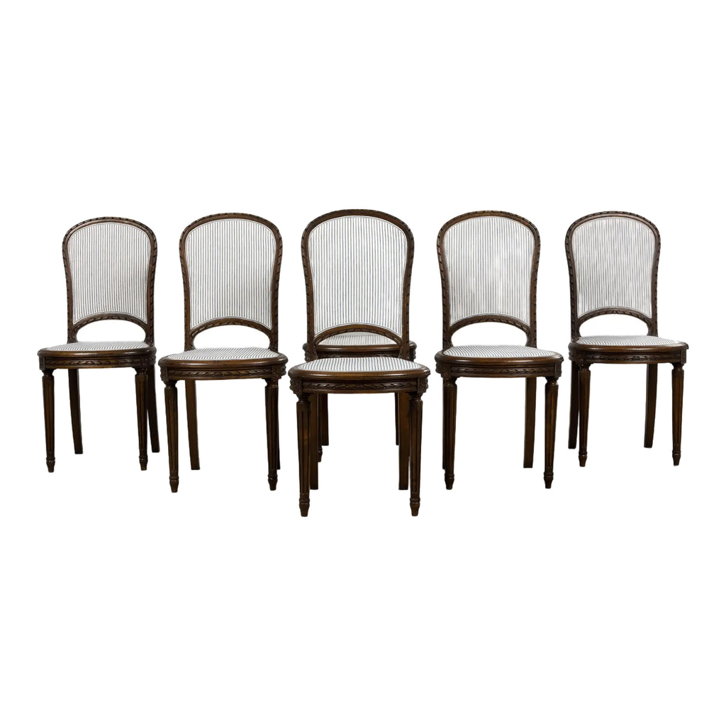 Antique French Louis XVI Style Walnut Dining Chairs in Blue Linen Stripe - Set of 6