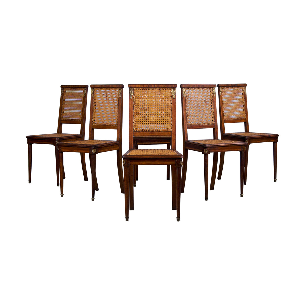 Antique French Louis XVI Style Walnut Inlay Cane Dining Chairs - Set of 6